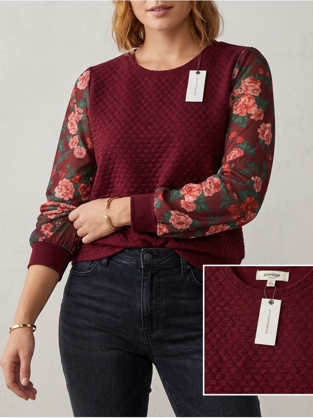 NWT Anthropologie Porridge Textured Floral Sleeve Sweatshirt Burgundy ❤️